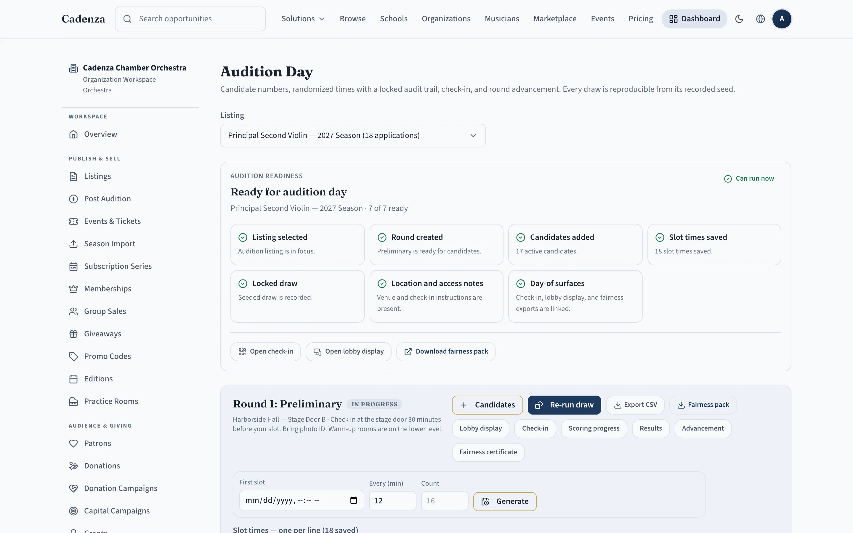 Cadenza Audition OS audition-day cockpit showing round readiness, the locked seeded draw, and links to check-in, lobby display, scoring, results, and the fairness pack