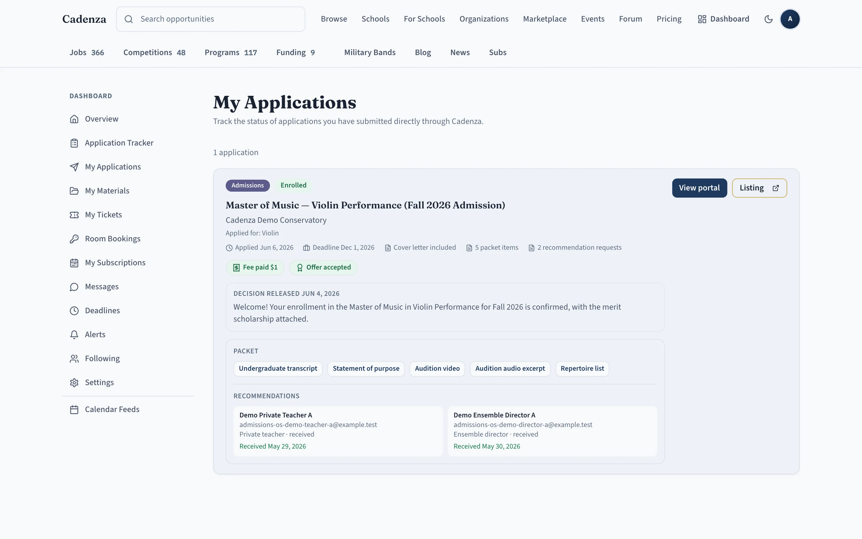 Cadenza My Applications dashboard tracking a musician's submitted applications, statuses, packets, and offers