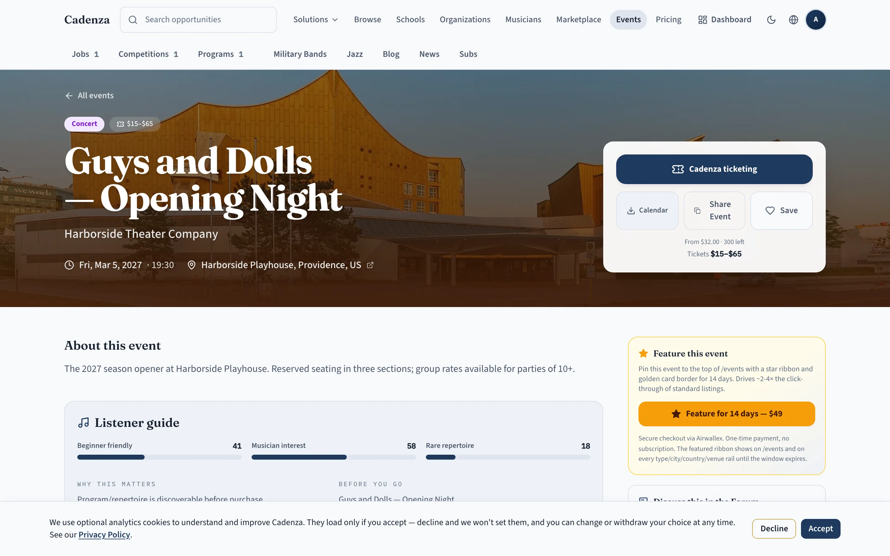 A public Cadenza event page with the ticketing card, live prices, and remaining inventory