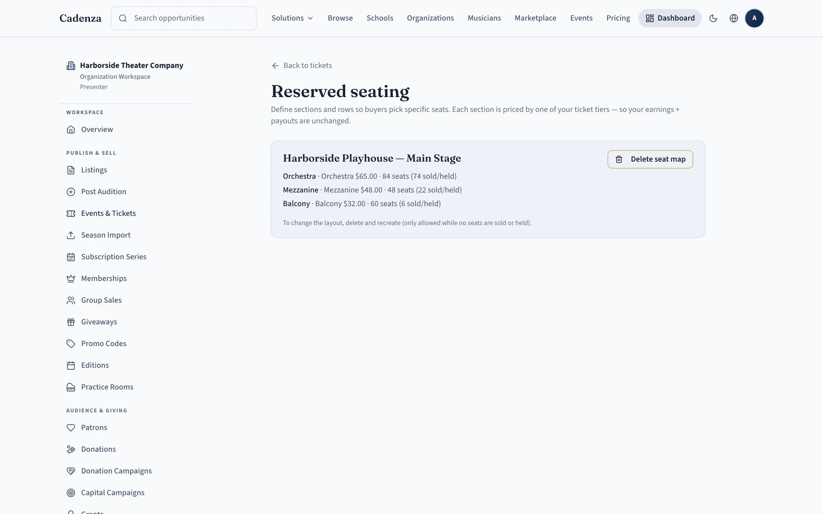 Sections, rows, and seats — priced by your tiers.
