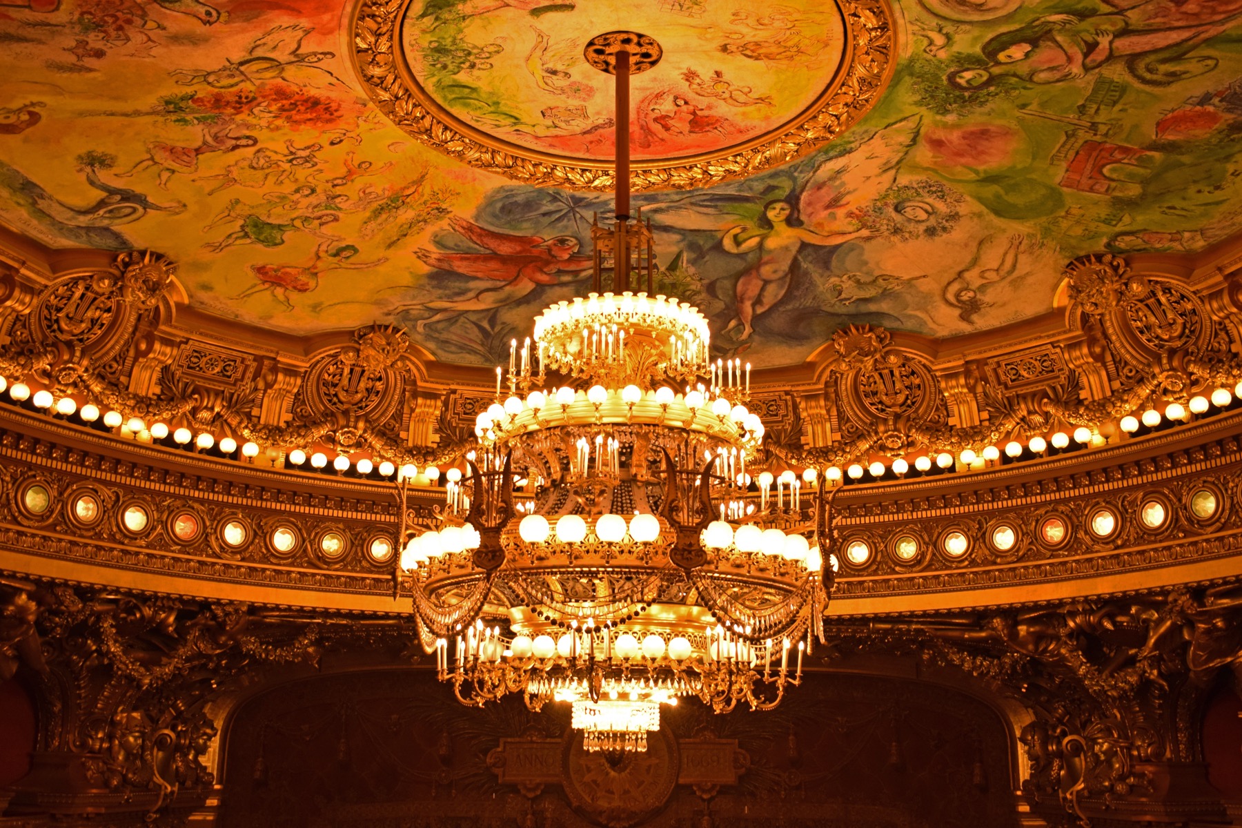 The chandelier of the Palais Garnier opera house in Paris